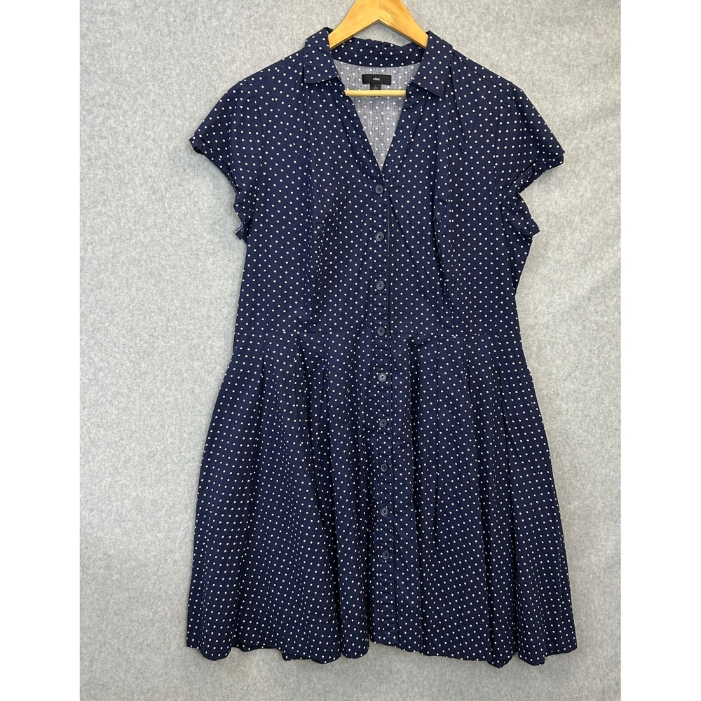 ellos Shirt Dress Navy Blue White Polka Dot Cotton Retro Preppy Size L 18/20